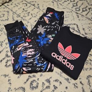 Adidas Girls Black and Blue Floral Joggers with Logo Tee